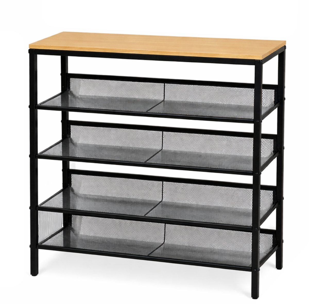 TUUSO® Schoenenrek 5 Lagen - Zwart Metaal met licht eiken Bovenblad - 75×30×85 cm - Stevig 7kg - Verstelbare Metalen Legplanken - Industrieel Design - Schoenenkast / Opbergrek (8721325911063)