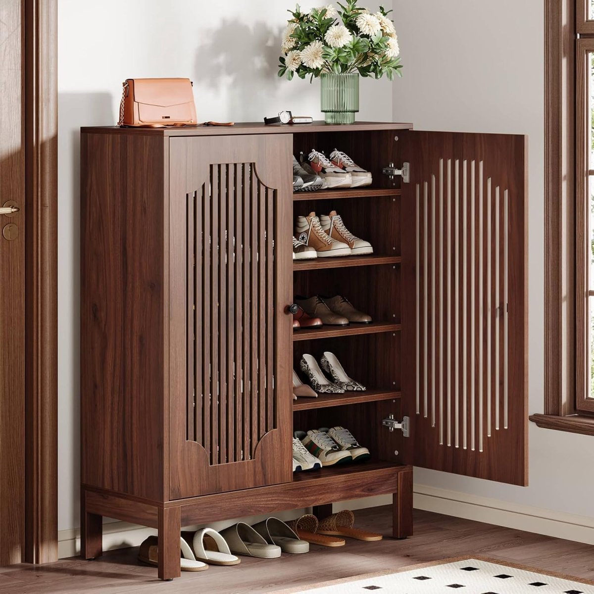 Tribesigns Schoenenkast - 5 Lagen Schoenenrek - 80x35x110cm - Schoenenkast met Deuren en Verstelbare Planken - Houten Schoenenopberger voor Entree, Woonkamer - Bruin (0078756463790)