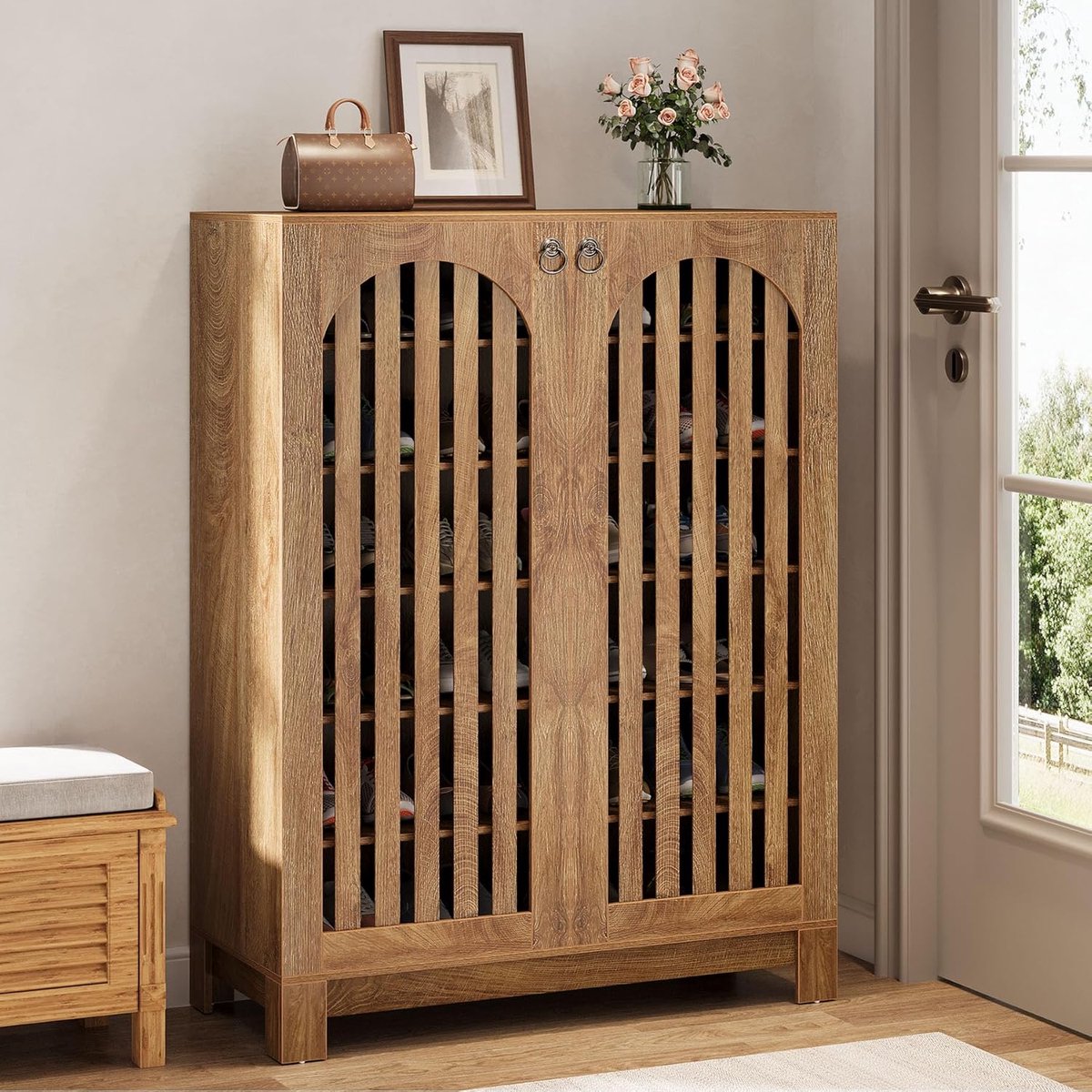 Tribesigns Schoenenkast - 6 Lagen Schoenenrek - 73x35x119cm - Schoenenkast met Deuren en Verstelbare Planken - Houten Schoenenopberger voor Entree, Woonkamer - Eik (0078756463820)