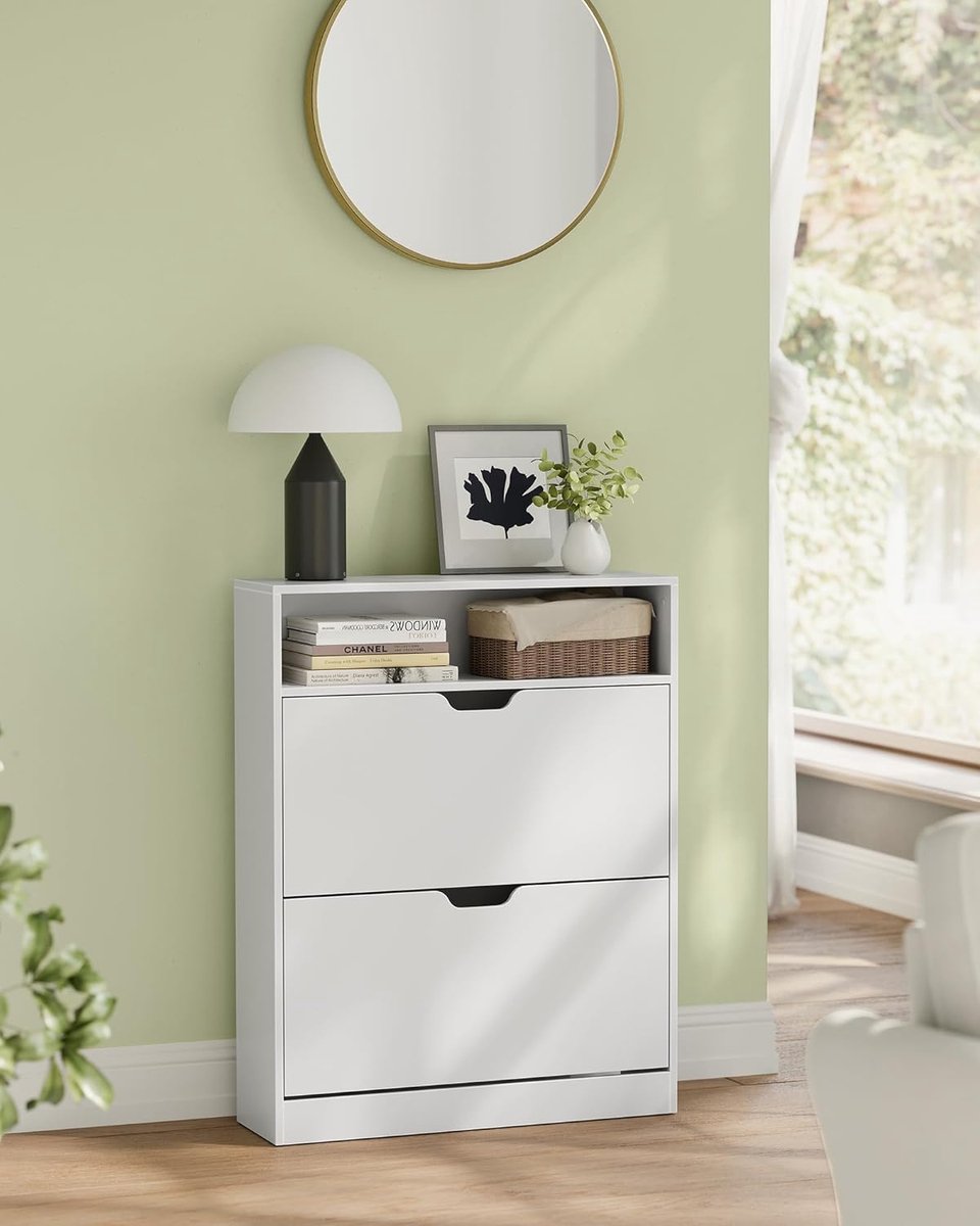 VASAGLE LBC048W01 Schoenenkast met 2 klapdeuren en 1 open vak, verstelbare en afneembare scheidingswand, voor 11-16 paar schoenen, smalle entree, 24 x 80 x 102 cm, wit (6095651348391)