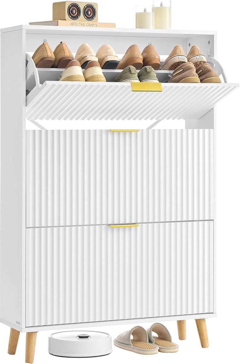 VASAGLE MAXE Collection HSC302WB02 Schoenenkast met 3 fleppen, Smal Schoenenrek voor Entree, Geribbelde Deuren, voor 18-24 Paar Schoenen, Mid Century Modern, Cloud White (0194343443355)