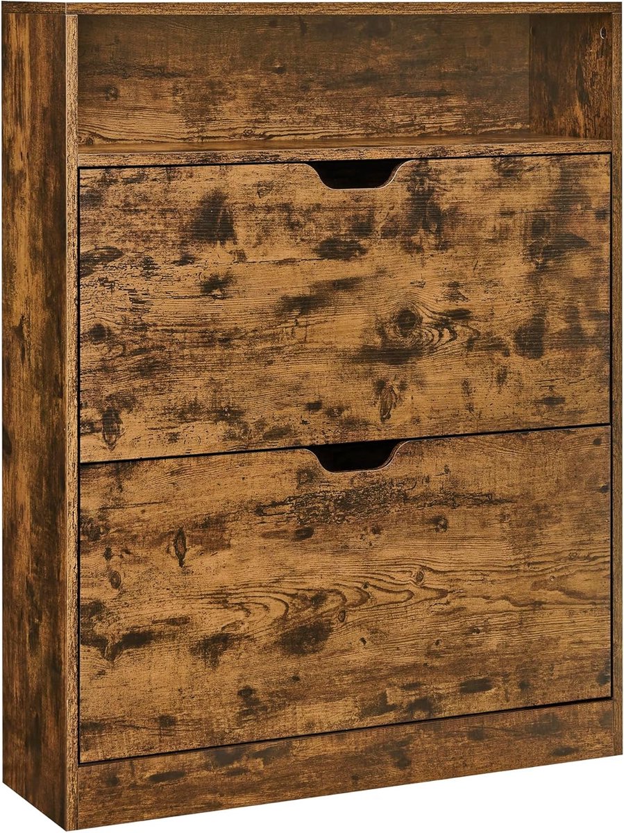 VASAGLE Schoenenkast 2 klapdeuren, 3 lagen schoenenrek, met 1 open vak, verstelbare en verwijderbare scheidingswand, voor 11-16 paar schoenen, voor smalle ingang, 24 x 80 x 102 cm, rustiek bruin (0194343190914)