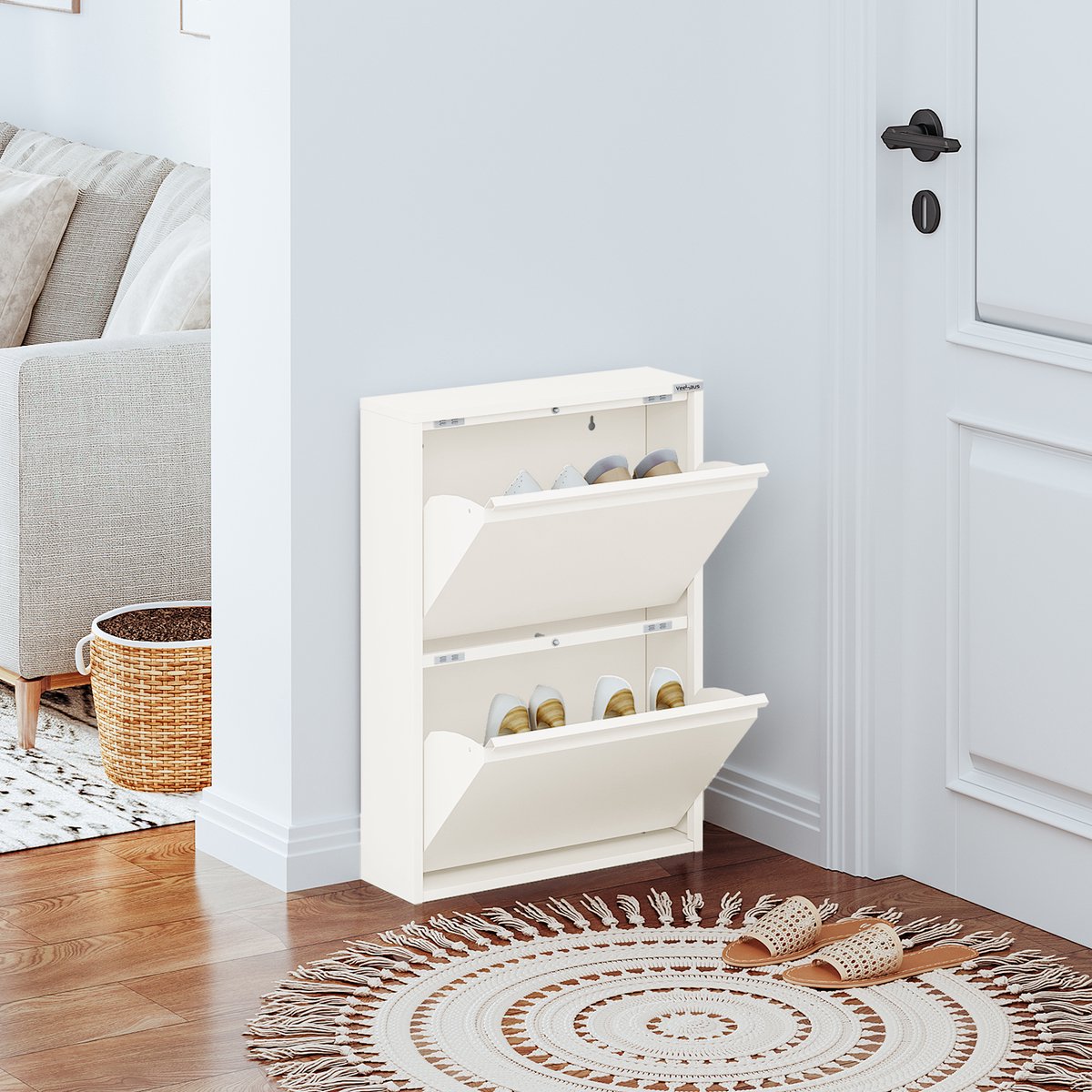 VEEHAUS® - Paplet - Praktisch Schoenenrek -Schoenenrek ooster wit - Schoenenrek met 2 Niveaus - Schoenenkast Ooster wit - Schoenenrek metaal industrieel - Metaal - 50 x 70 x 15cm -Ooster Wit (8720598052039)