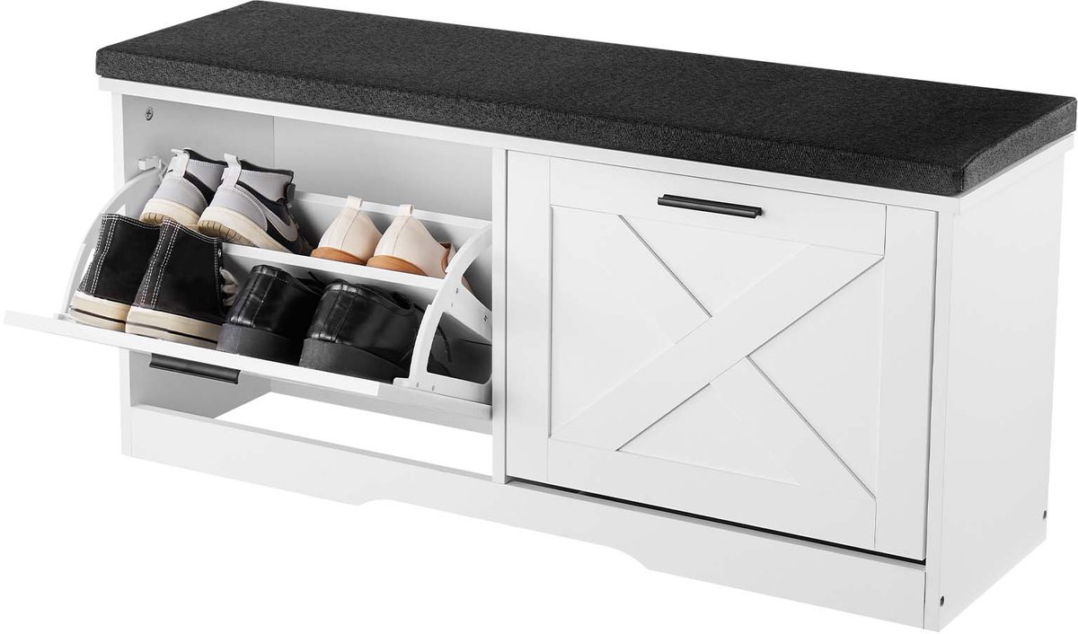 VEVOR Schoenenrekbank (1000 x 305 x 475 MM), Entreebank met Opvouwbare Lades, Kussens en Deuren, Schoenenrek (Draagvermogen 200 KG), voor Voordeur, Hal, Woonkamer, Slaapkamer, Zwart, Wit (0197988704430)