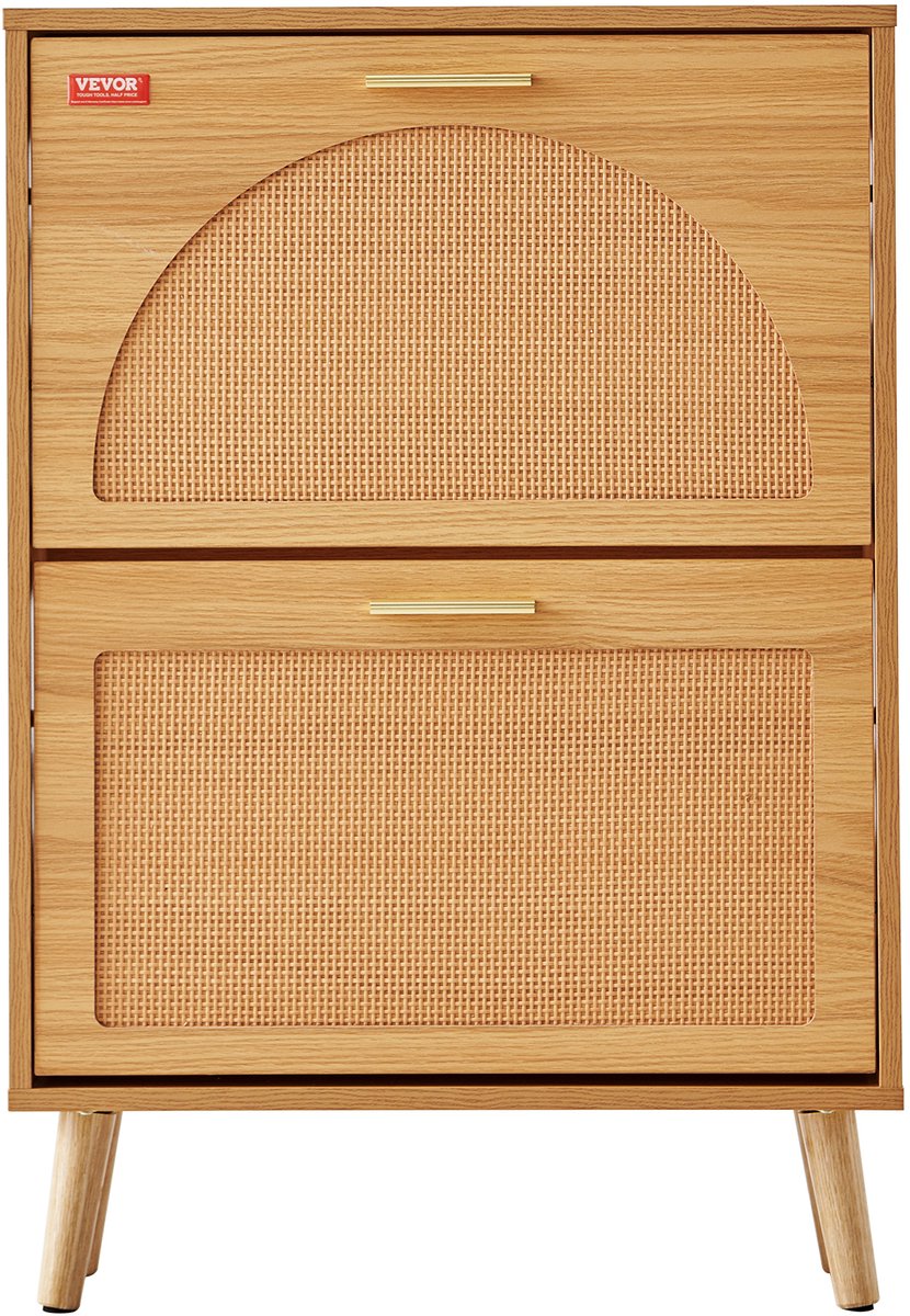 VEVOR smalle schoenenkast, schoenenrek houtkleur, 600 x 168 x 877 mm schoenenkantelaar met 2 kleppen + opbergvak bovenaan, schoenenkist 36,28 kg draagvermogen, massief houten schoenenopbergkast voor in de gang (0840349971858)