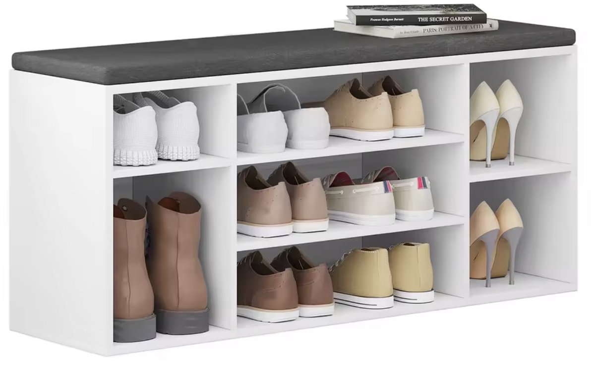 Varnox Schoenenbank - Schoenenkast - Gangkast - Bank - Vakken - Opberg vak - Zitbank - Kussen - Gewatteerd - Stof - Wasbaar Verstelbare planken - Wit - Grijs (8721352952978)