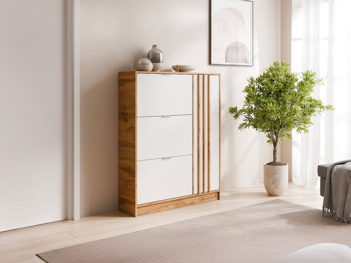 Vente-unique Schoenenkast met 1 deur en 3 klapvakken - Naturel en Wit - JANAKIA (3666471837346)