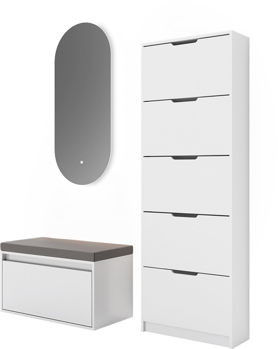 Vicco Luca Schoenenkantelaar - 3 delen, met LED-spiegel en bankje Wit (4066731370399)