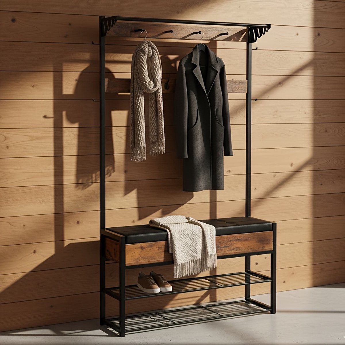Vrijstaand Metalen Schoenenrek met 8 Haken - Meervoudig Opslagrek voor Schoenen, Jassen, Tassen en Paraplu's - Planken van Metaal, Vrijstaand en Compact (5487571961049)