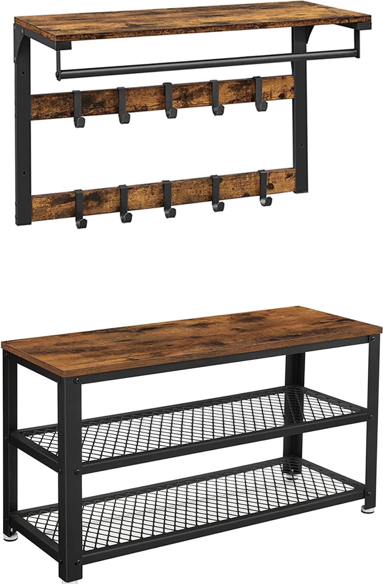 Wandgarderobe, schoenenbank, wandrek met plank en 10 haken, schoenenrek met 3 niveaus, opslag, metalen frame, voor hal, entree, industrieel design (6090935356314)