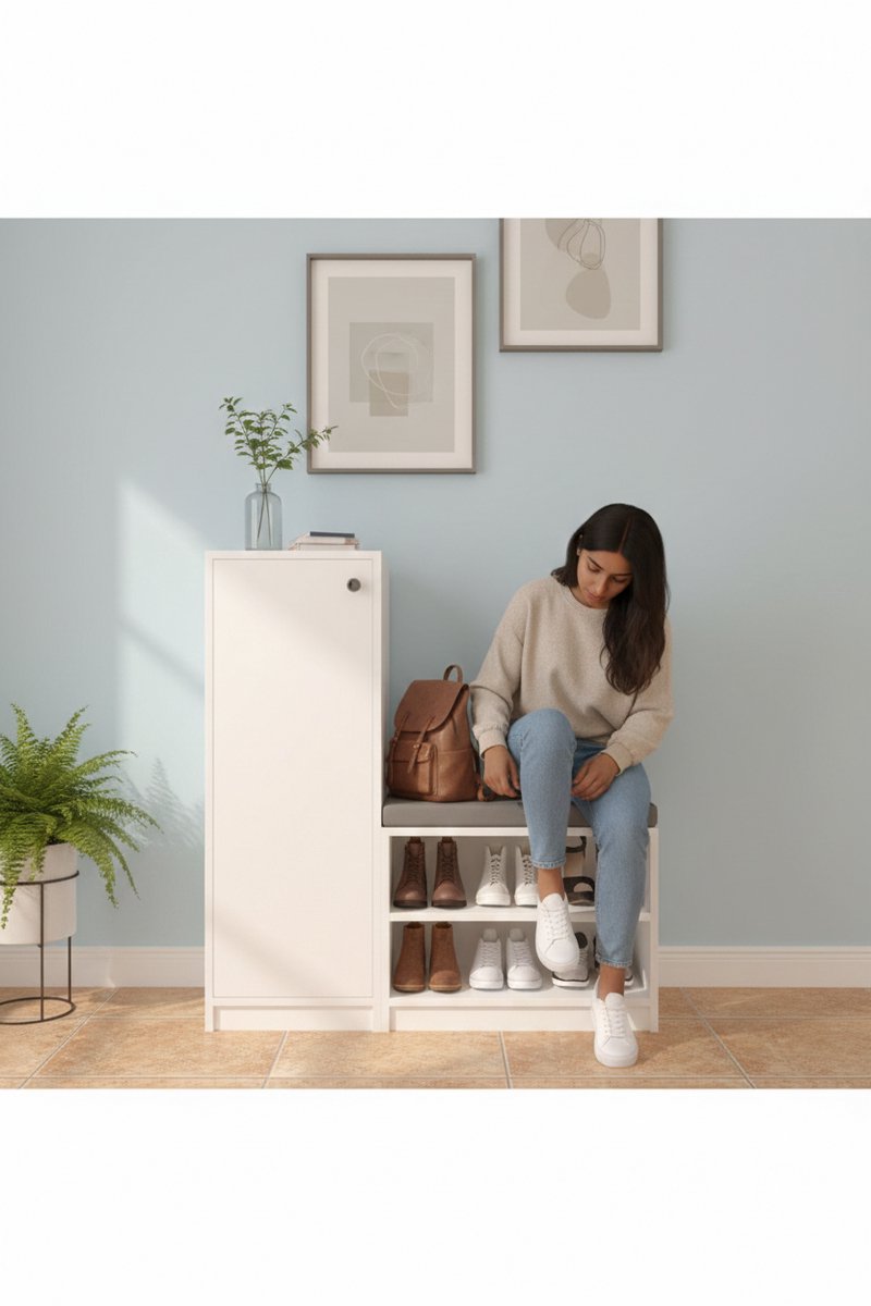 Witte Schoenenkast met Zitkussen - Schoenenbank met Deur en Open Vakken - MDF - Modern Design (6153100210221)