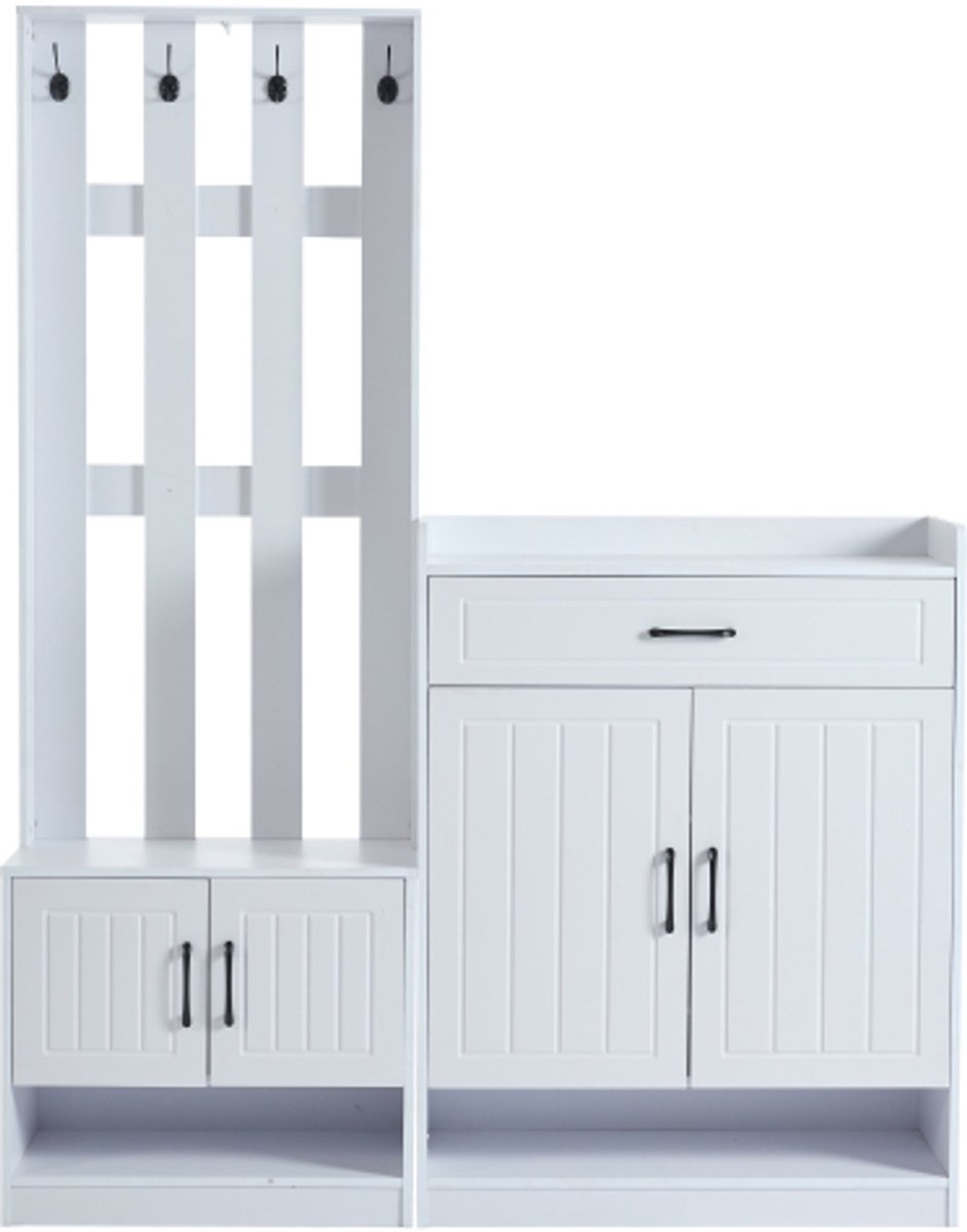 Witte garderobekastset 140,6 x 32 x 180 cm, halkastpaneel + schoenenkasten, mat, halmeubel, haldroogrek, halkast, schoenenverschoonset (4255839467852)