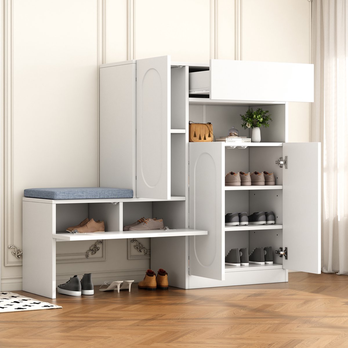 Witte trendy 2-in-1 schoenenkast met gewelfde deuren, soft-close klapdeur, verstelbare vakken en gepolsterde zitbank, 130×35×110 cm (8581502497786)