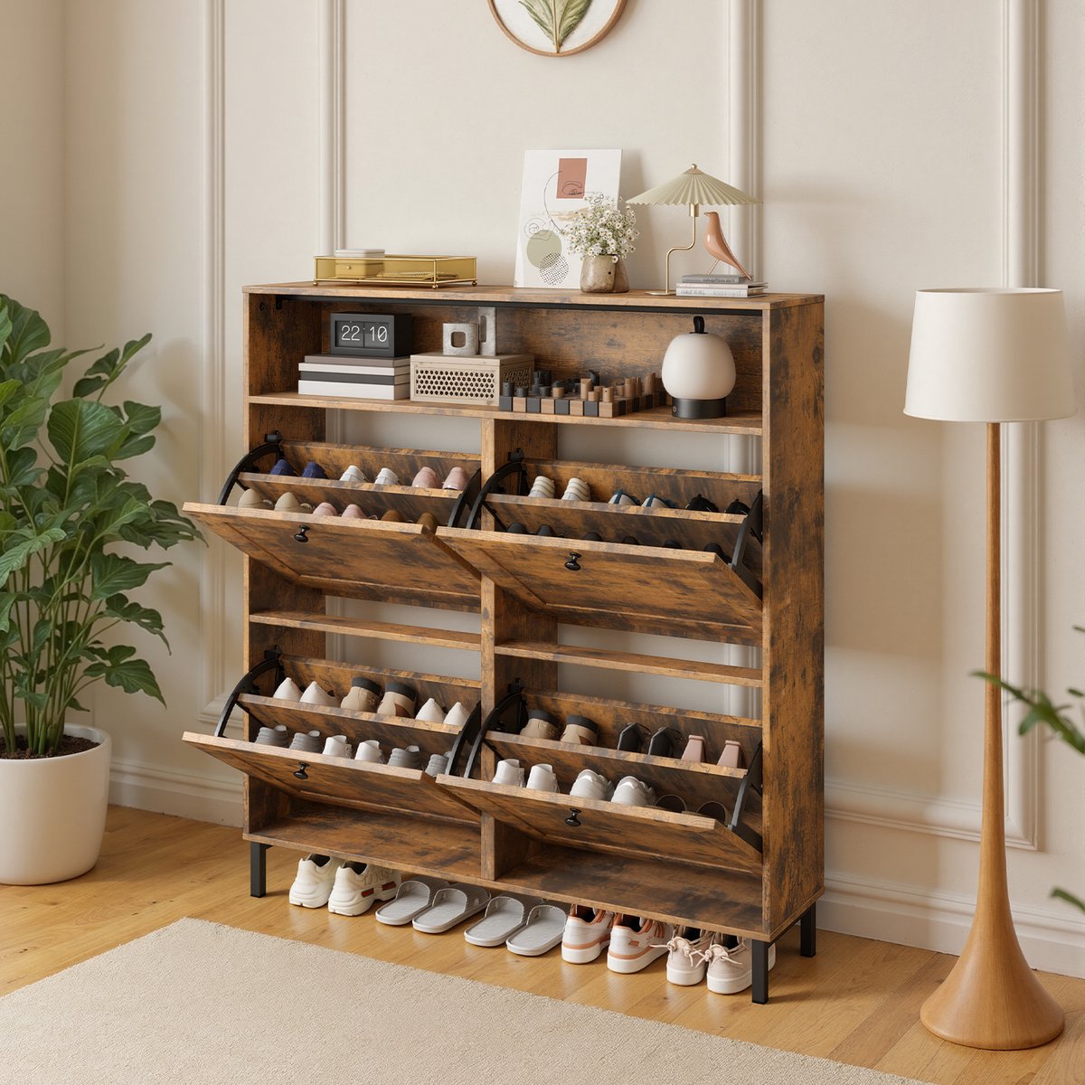 Xbro Schoenenkast met 4 Klapdeuren - Dubbele Diepte - Modern Schoenenrek met Bovenplank - Voor Hal & Slaapkamer - 100 x 24 x 108 cm - Retro (6975977523514)