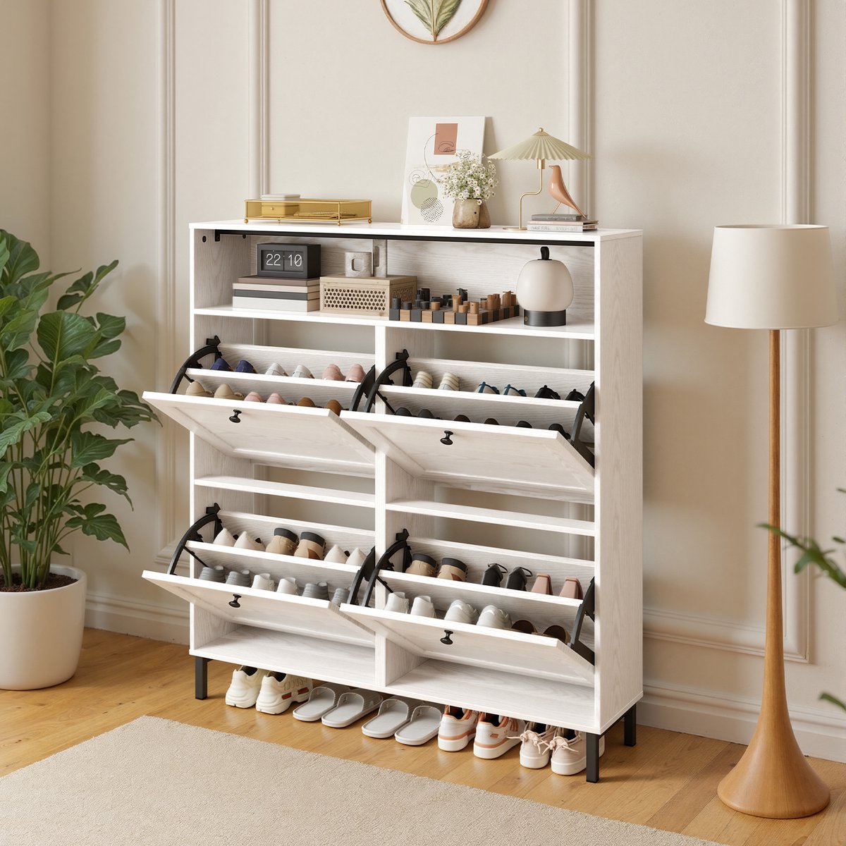 Xbro Schoenenkast met 4 Klapdeuren - Dubbele Diepte - Modern Schoenenrek met Bovenplank - Voor Hal & Slaapkamer - 100 x 24 x 108 cm - Wit (6975977523507)