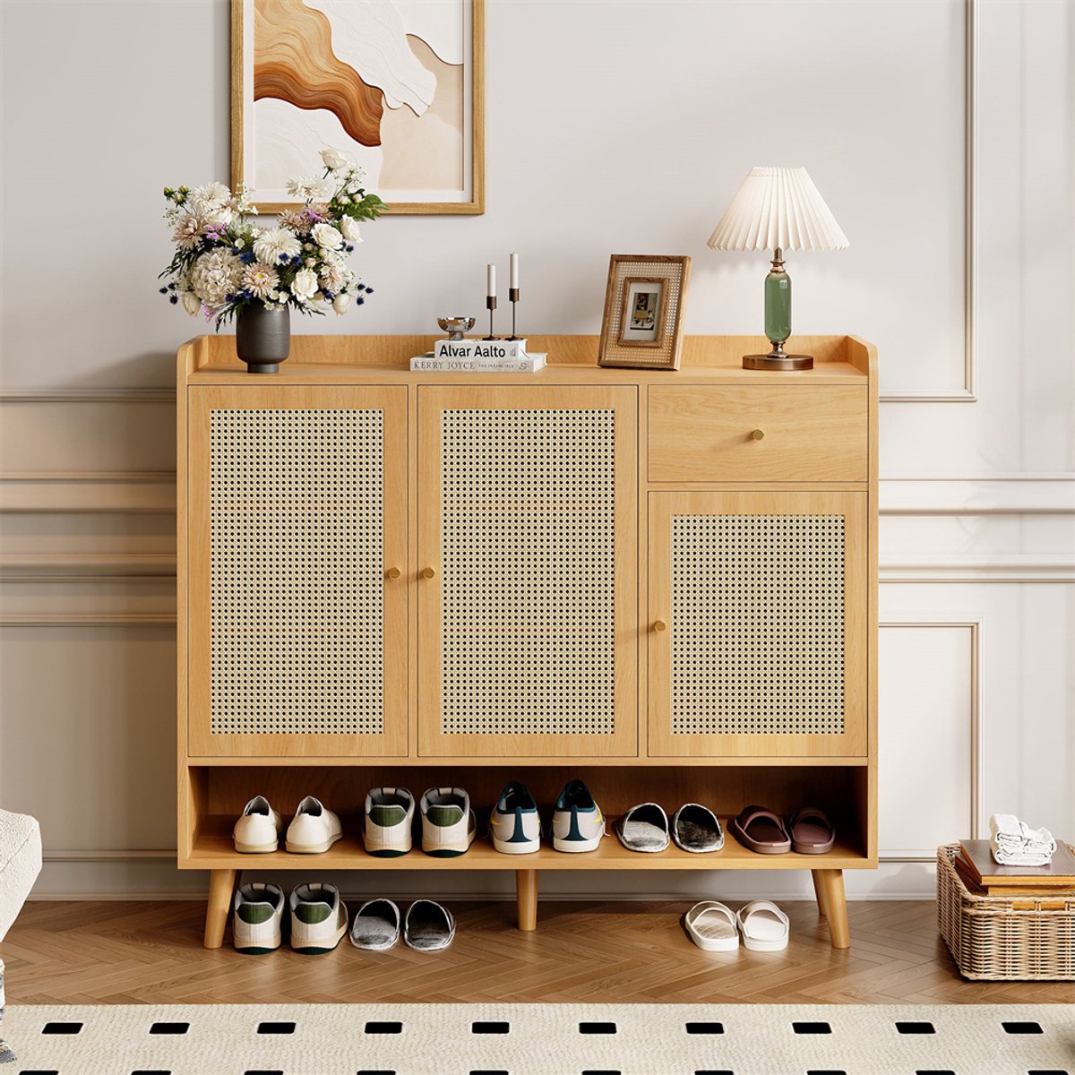 YEHTOKHOME Natuurlijke Rotan Schoenenkast - Schoenenrek met 3 deuren - 1 lade - 5 planken - met Metalen handvatten en massief houten poten - 120x35x106 cm (7823694760189)