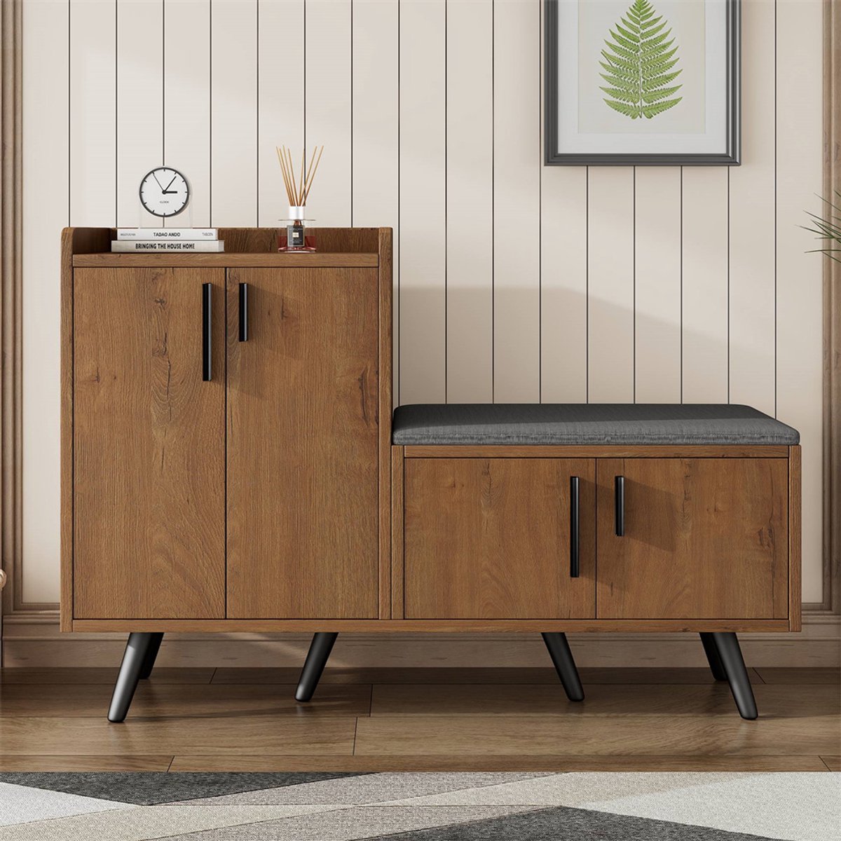 YEHTOKHOME Schoenenkast - vier opbergdeuren - metalen handgrepen - meerdere opbergvakken - schoenenbank met zitkussen - met anti-kipbeveiliging - natuurlijke - 120x34x82,8 cm (7823694659933)