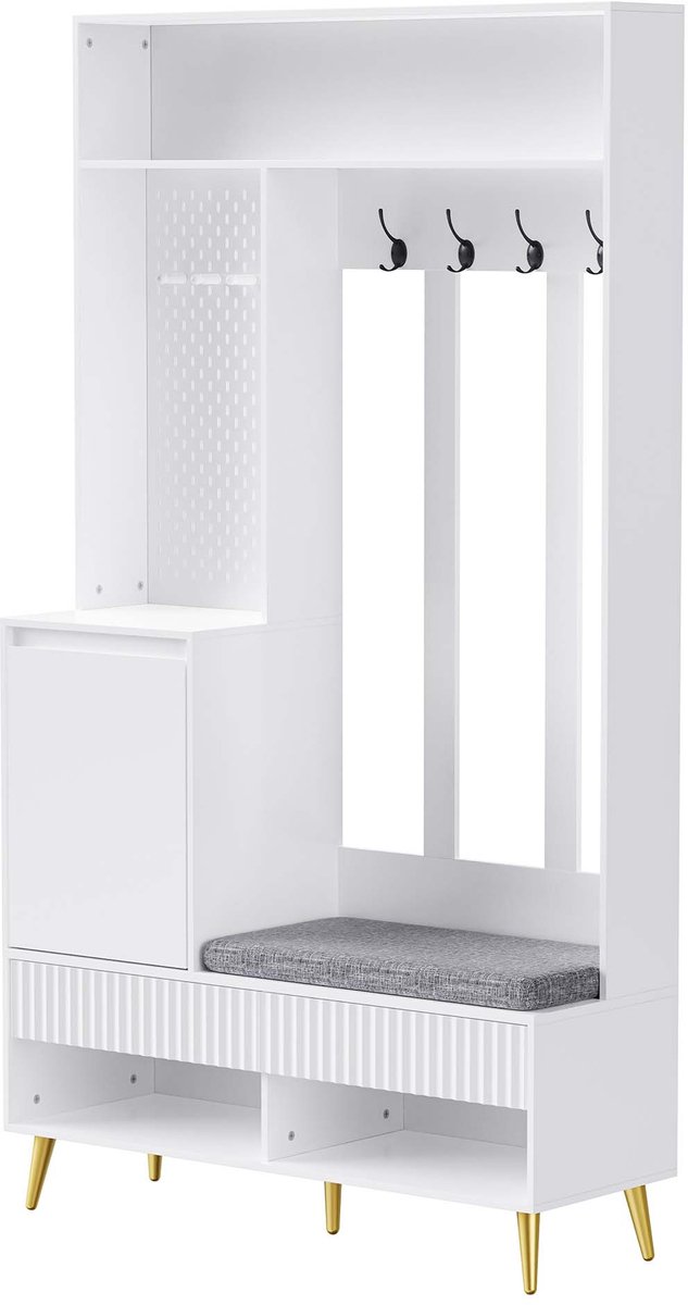 kledingkast Multifunctioneel Halmeubelset Huiselijke Halopbergmeubelset Met Schoenenbank, Haken, Laden en Opbergkast Modern Minimalistisch Stevig Houten Frame 100x35x180cm Wit (4255890945948)