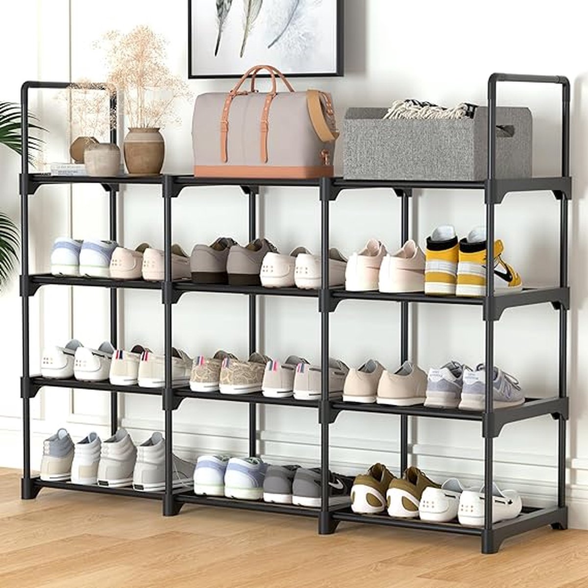 schoenenrek-3 rijen 4 lagen-135 x 28 x 75 cm-ruimte voor 18-24 paar-doe-het-zelf opbergrek met 4 steunpoten-ruimtebesparende (8721129204279)