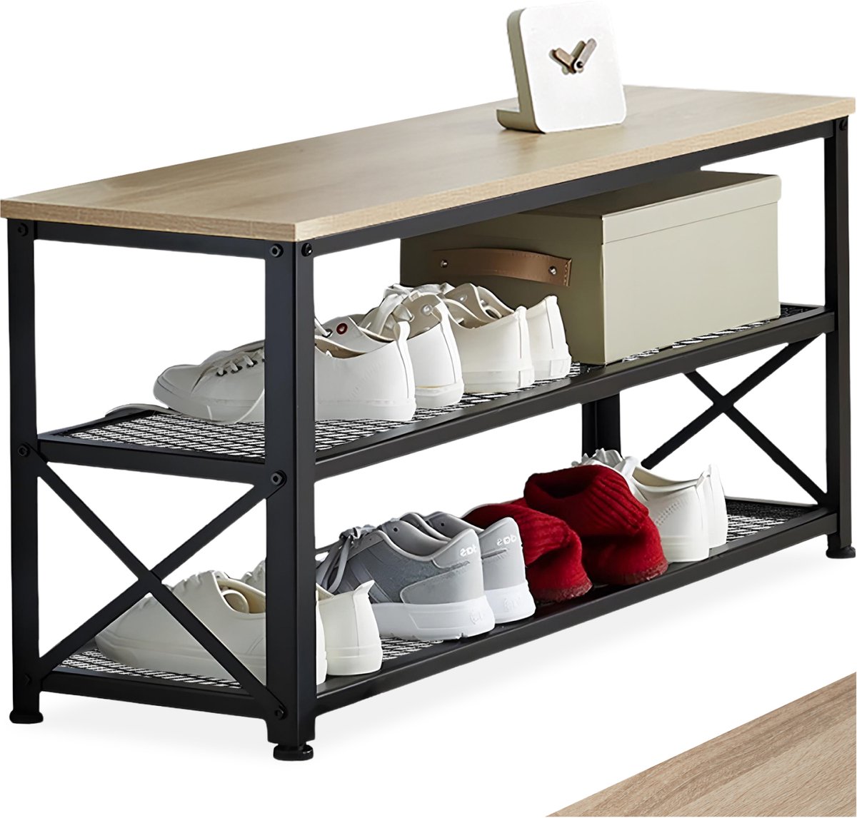 tectake® Smal schoenenrek met zitje - 3 niveaus van 1 zitje en 2 roosterplanken - Schoenenbank van hout en metaal - Industrieel design - Zwart metalen frame - Afmeting (LxBxH) 101 x 30,5 x 45,5 cm - Lichtbruin (4061173205971)