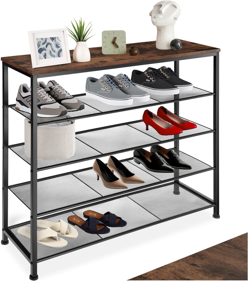 tectake® Smalle Schoenenkast met Opbergruimte - Hout & Metaal, Industriële Stijl, 5 Niveaus, 4 Roosterplanken, 100x30,5x93 cm - Industrial Dark Brown (4061173206022)