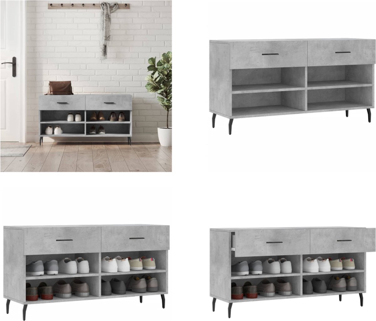 vidaXL Schoenenbank 102x35x55 cm bewerkt hout betongrijs - Schoenenbank - Schoenenbanken - Opbergbank - Schoenenkast (8721114875057)