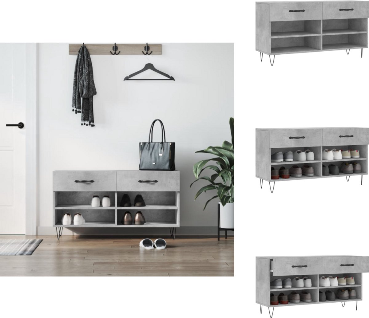 vidaXL Schoenenbank - Schoenenbanken - Opbergbank - Schoenenkast - Schoenenbank 102x35x55 cm bewerkt hout betongrijs (8721096912153)