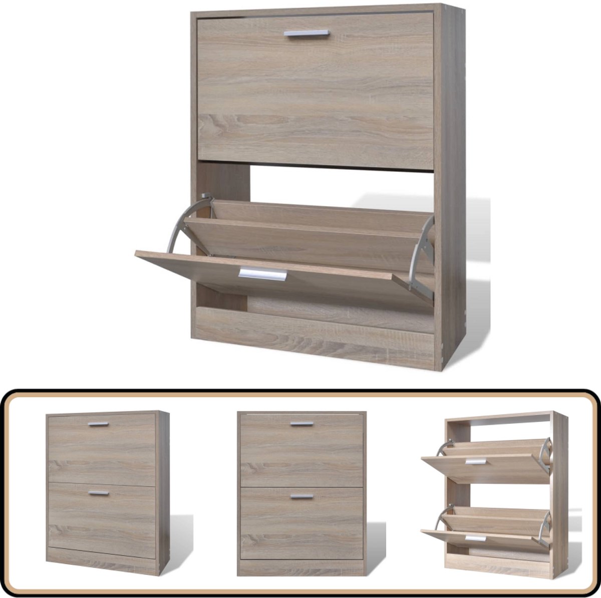 vidaXL Schoenenkast - Eiken - 2 opbergvakken - 63,5x24x81 cm Houten Schoenenkast - Schoenenkast - Eiken Look - Opbergruimte - Organisatie (8035222923440)