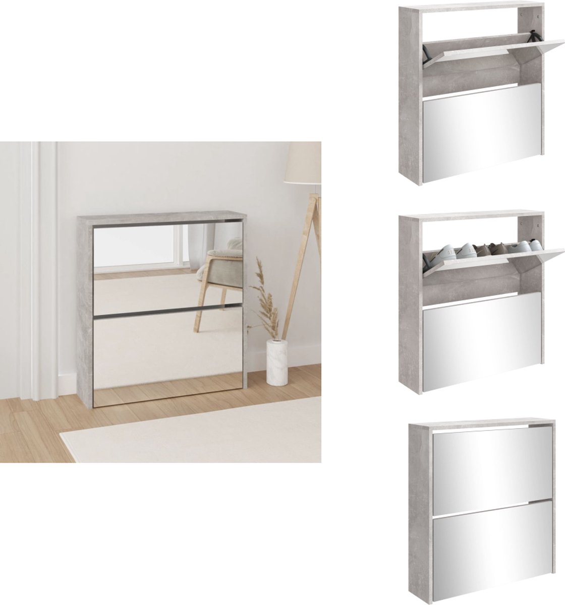 vidaXL Schoenenkast - Schoenenkasten - Berging Voor Schoenen - Schoenenrek - Schoenenkast met spiegel 2-laags 63x17x67 cm betongrijs (8721096878367)