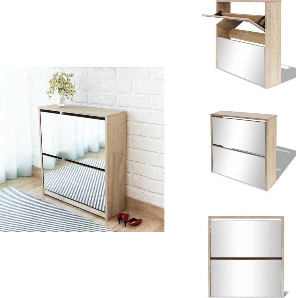 vidaXL Schoenenkast - Schoenenkasten - Schoenen Kast - Schoenen Kasten - Schoenenkast tweelaags met spiegel 63x17x67 cm eiken (8721032942138)
