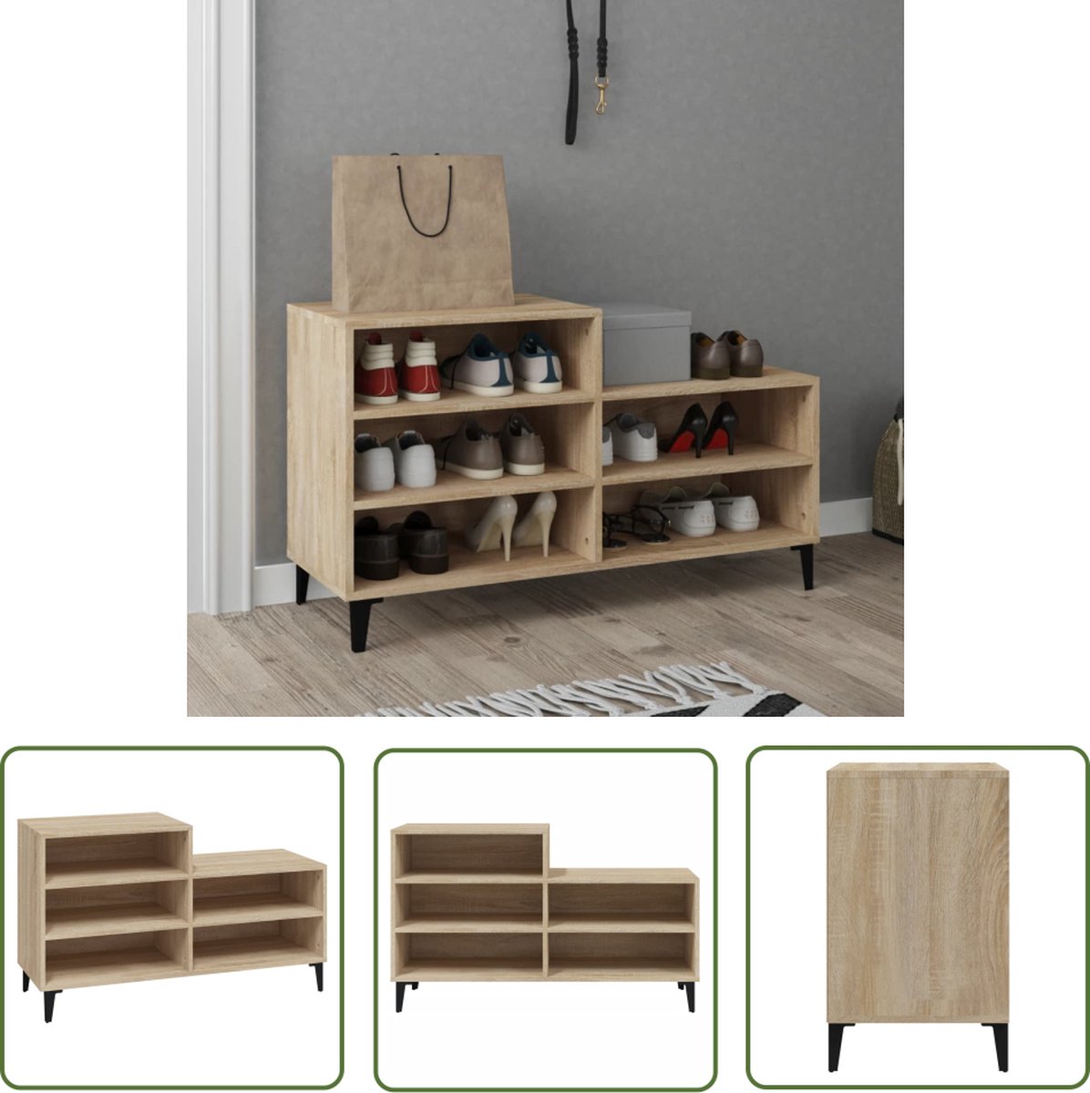 vidaXL Schoenenrek - Schoenenkast - Schoenenkast 102x36x60 cm bewerkt hout sonoma eikenkleurig - Schoenuitlegger - Bergruimte - Houten Schoenenkast (8721032098057)