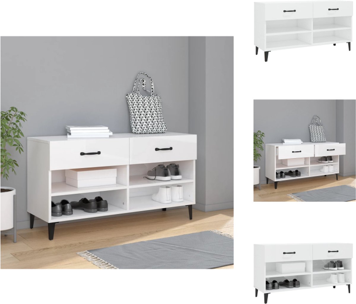 vidaXL Schoenenrek - Schoenenrekken - Opbergrek Voor Schoenen - Schoenenstellage - Schoenenkast 102x35x55 cm bewerkt hout hoogglans wit (8721096719028)