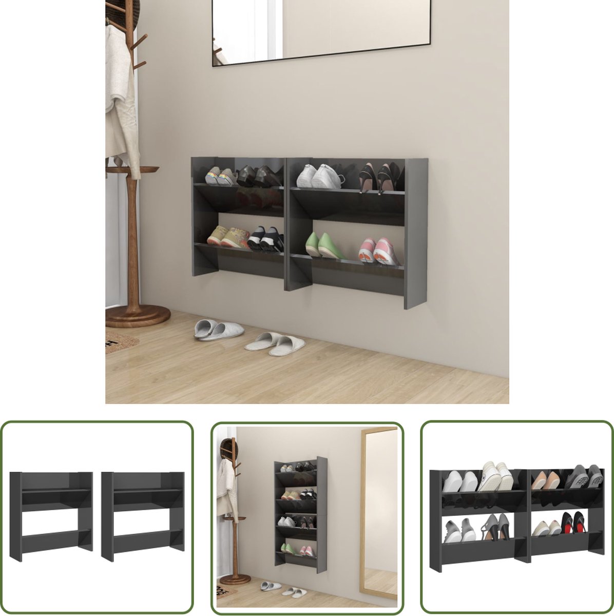 vidaXL Wanden Kast - Schoenenkast - Wandschoenenkasten 2 st 60x18x60 cm hout hoogglans grijs - Schoenuitlegers - Organisatie - Opslag (8721031229568)