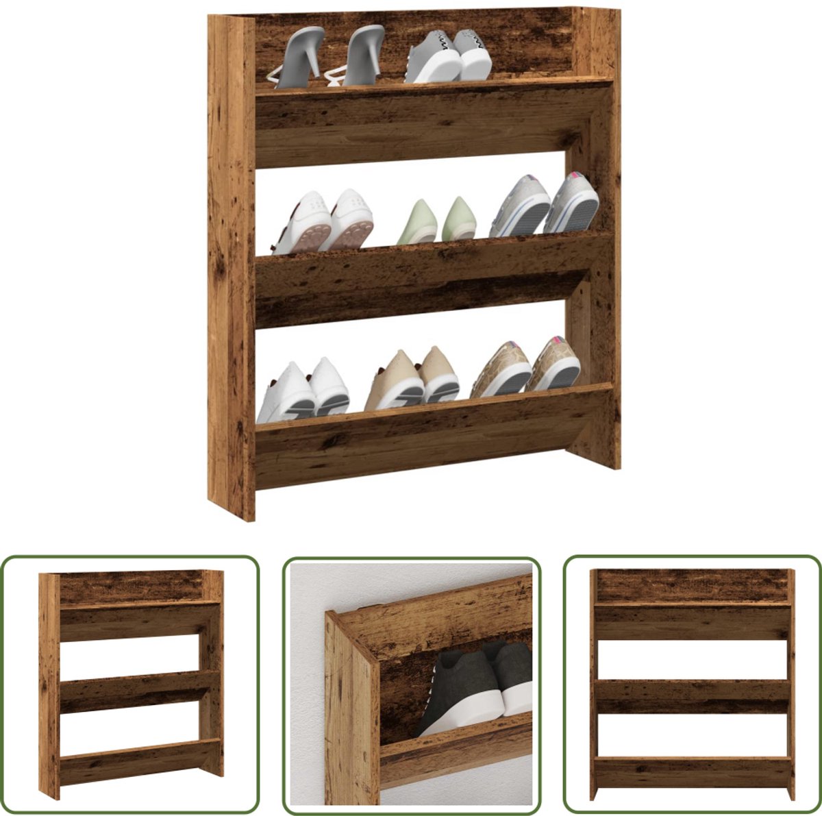vidaXL Wandmontage - Schoenenkast - Wandschoenenkast 80x18x90 cm bewerkt hout oud houtkleurig - Houten Schoenenkast - Opslagruimte - Compact (8025340970679)