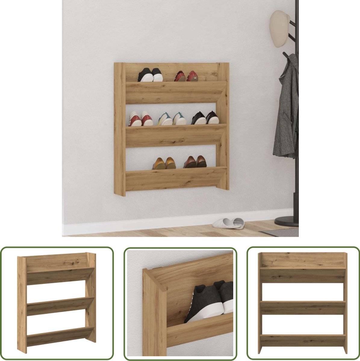 vidaXL Wandschoenkasten - Schoenenkast - Wandschoenenkast 80x18x90 cm bewerkt hout artisanaal eikenkleur - Houten Schoenenkast - Eiken Kleur - Bergruimte (8025340394994)