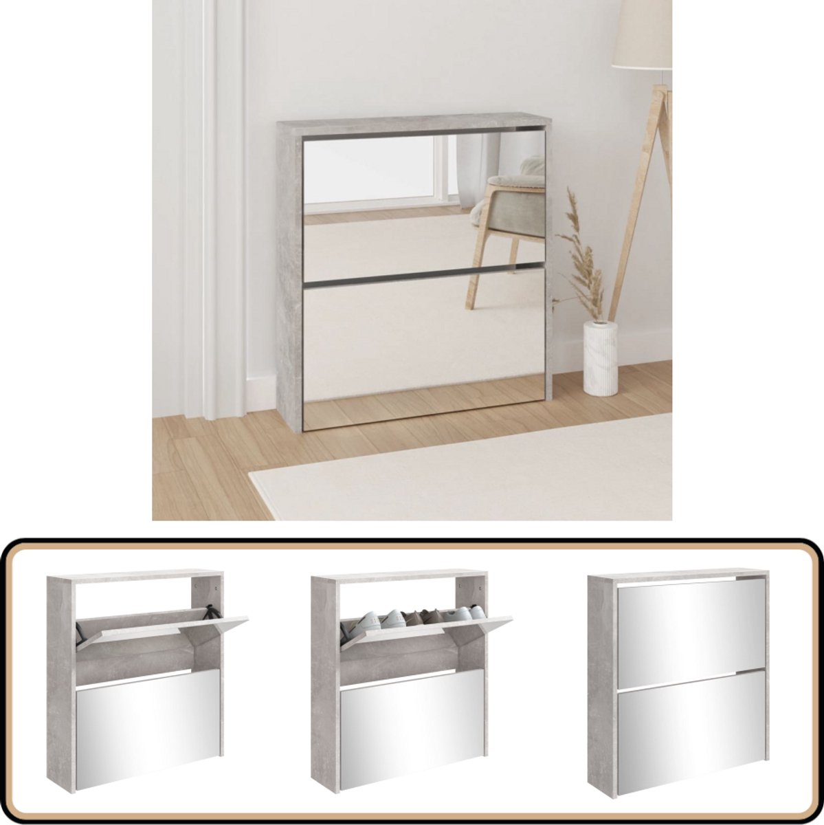 vidaXL schoenenkast met spiegel 2-laags betongrijs Schoenenkast - Schoenenkast Beton Grijs - Ladekast - Bergruimte Schoenen - Organisatie Schoenen (8301359181436)