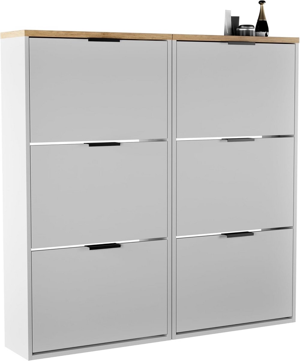2x Smalle Schoenenkast met 3 Kleppen - Ruimtebesparende Schoenenrek voor Hal en Gang - Wit Grijs (9101059306752)