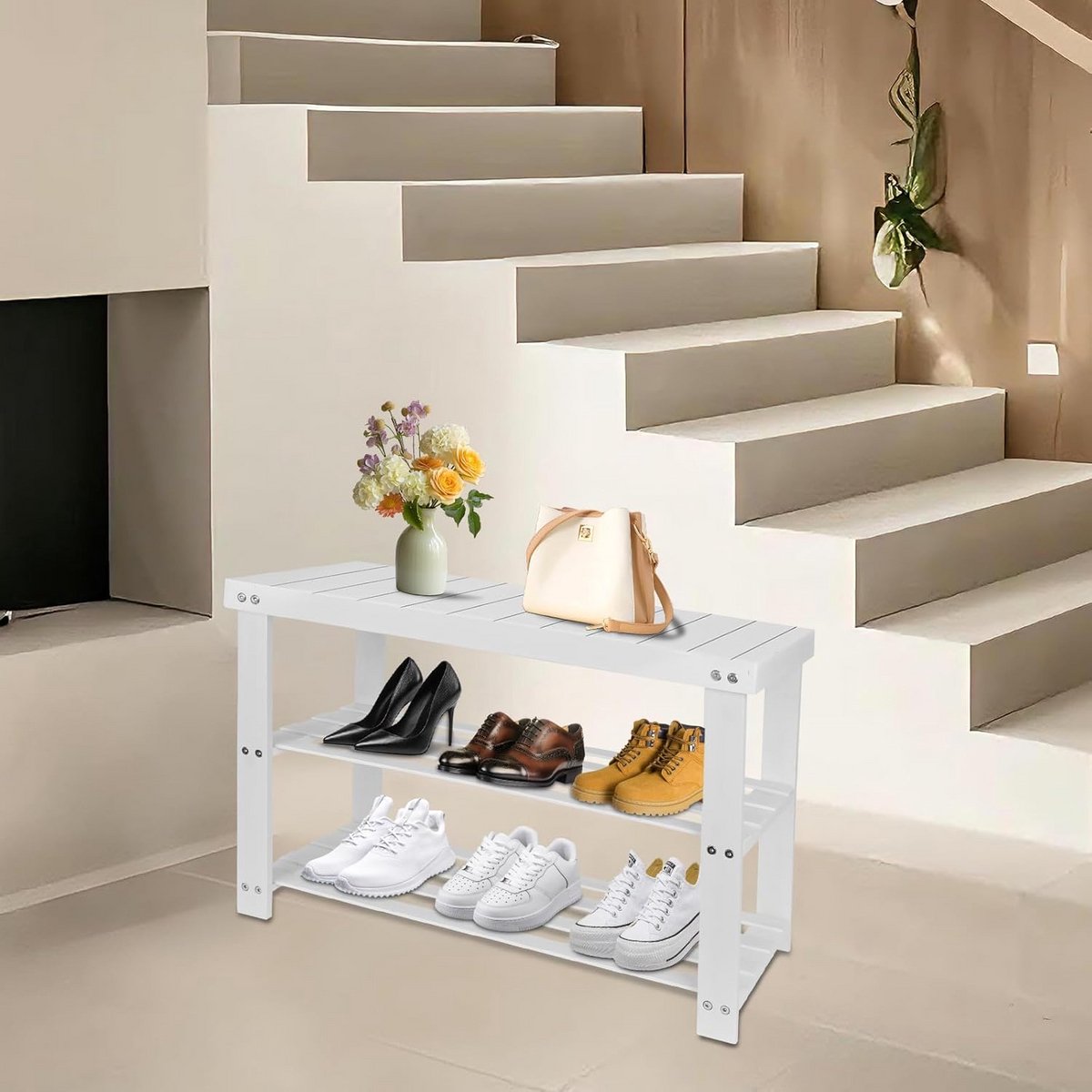 3-in-1 Schoenenkast met Bank - Robuust Hard Acaciahout - Schoenenrek - 2 Planken - Kledingkast - 70 x 27 x 42 cm - Wit (9101082639209)