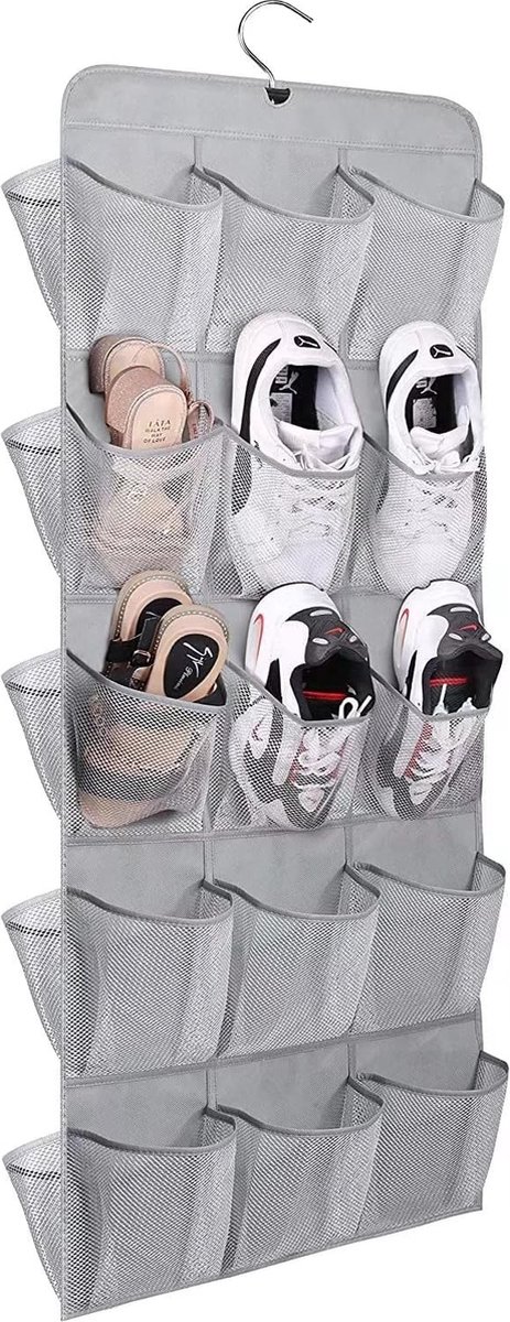 30 grote zakken schoenenopberger hangend dubbelzijdig hangend schoenenrek mesh schoenenorganizer voor kast kledingrail met roterende schoenhanger peuter grijs (4800325666143)