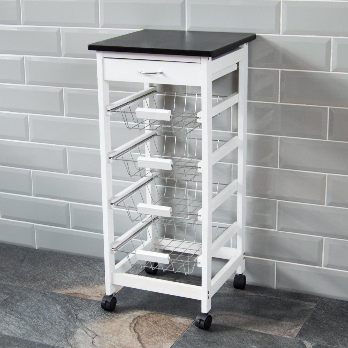 4-laags opbergmanden voor keukentrolley - handig en stijlvol - 1 stuk - wit en zwart - grenen - 81 x 37 x 37 cm (9503915447232)