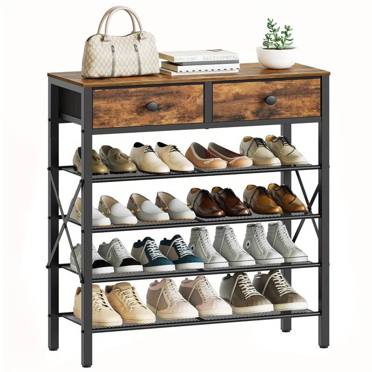5-Laags Schoenenrek met Stoffen Lades en 4 Open Vakken - Ruimtebesparend en Stevig - Hout en Metaal - Vintage Bruin/Zwart (5487571961131)