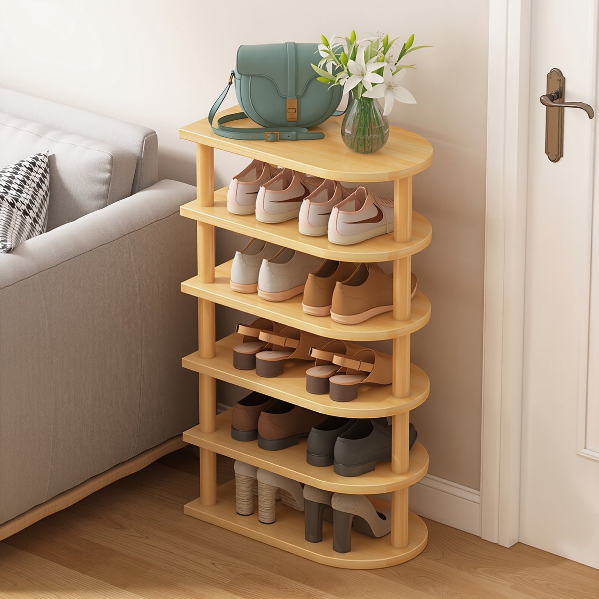 6-Laags Houten Schoenenrek - Geschikt voor 12 Paar Schoenen - 48x24 cm - Stevige Vrijstaande Constructie _ Bruin (5487571960998)