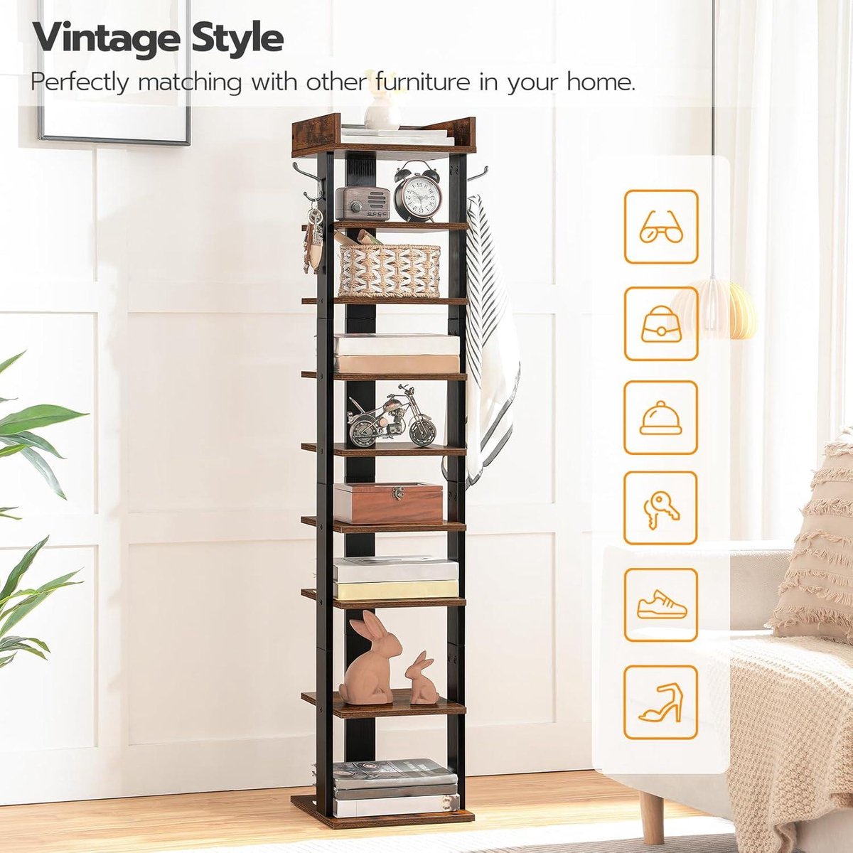 9-laags smal schoenenrek van hout met haken en verticale schoenentoren - industrieel rustiek bruin en zwart (6152325515579)