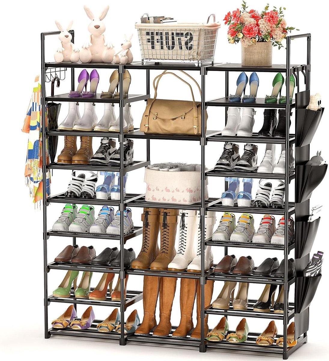 9-niveaus schoenenrek metaal voor 55-60 paar schoenen en laarzen - smal zwart schoenenrek - haken - houten hamer - hal woonkamer slaapkamer (6152325536536)