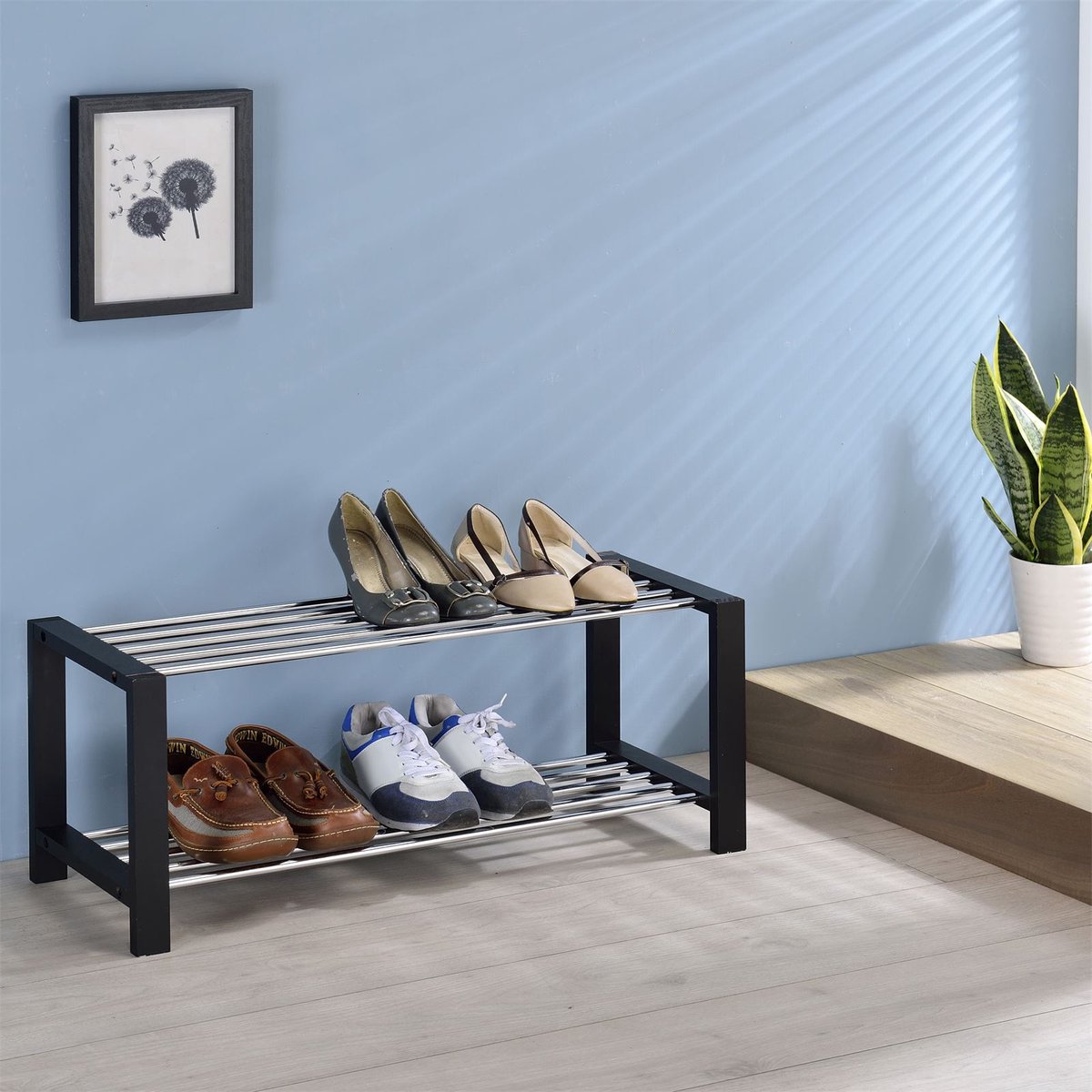 ARINA schoenenrek 2 schappen Zwart gelakt frame (4016787930344)