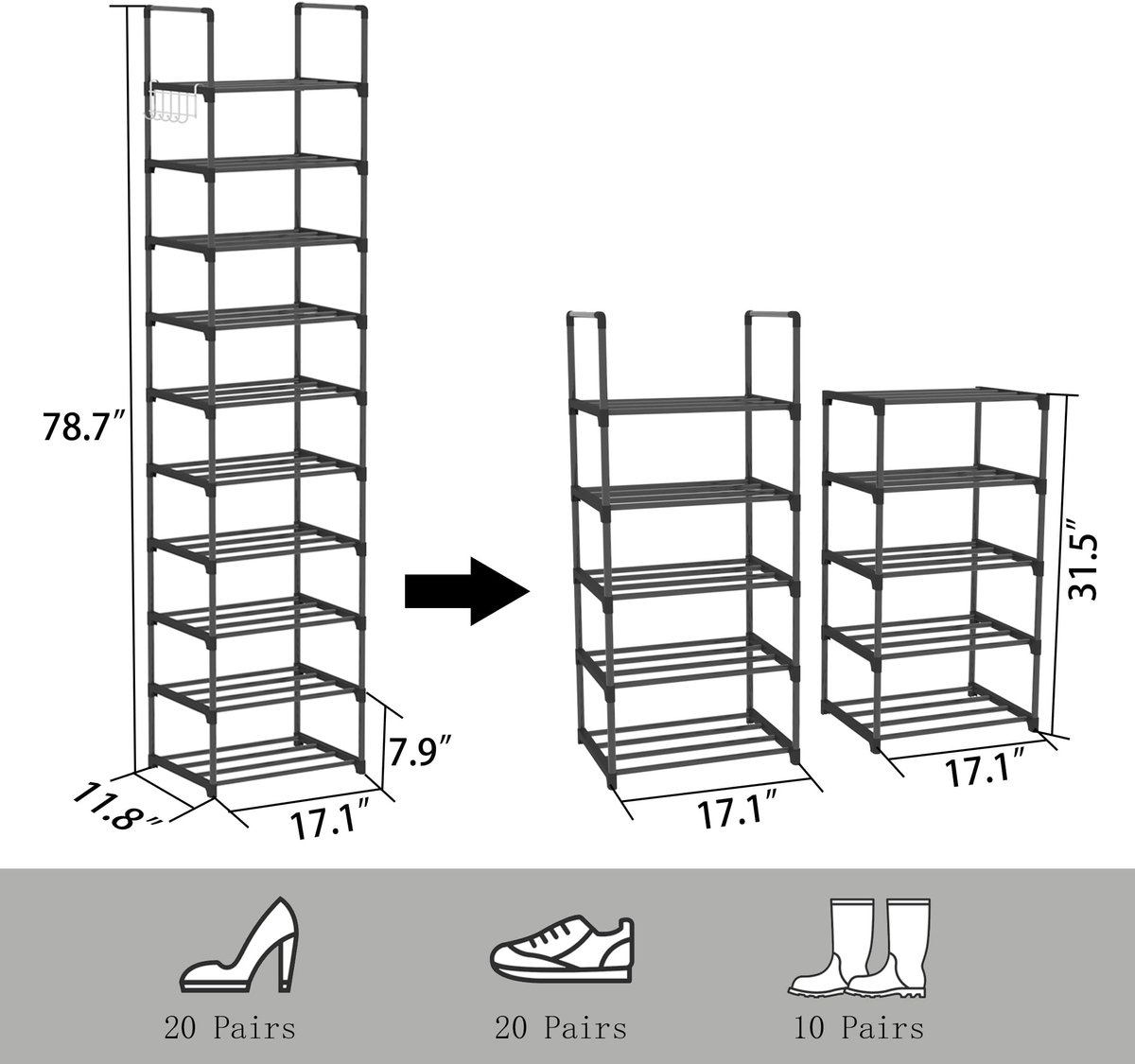 Azomor® Ruimtebesparend schoenenrek met tien lagen voor maximaal twintig paar schoenen (8721417655974)