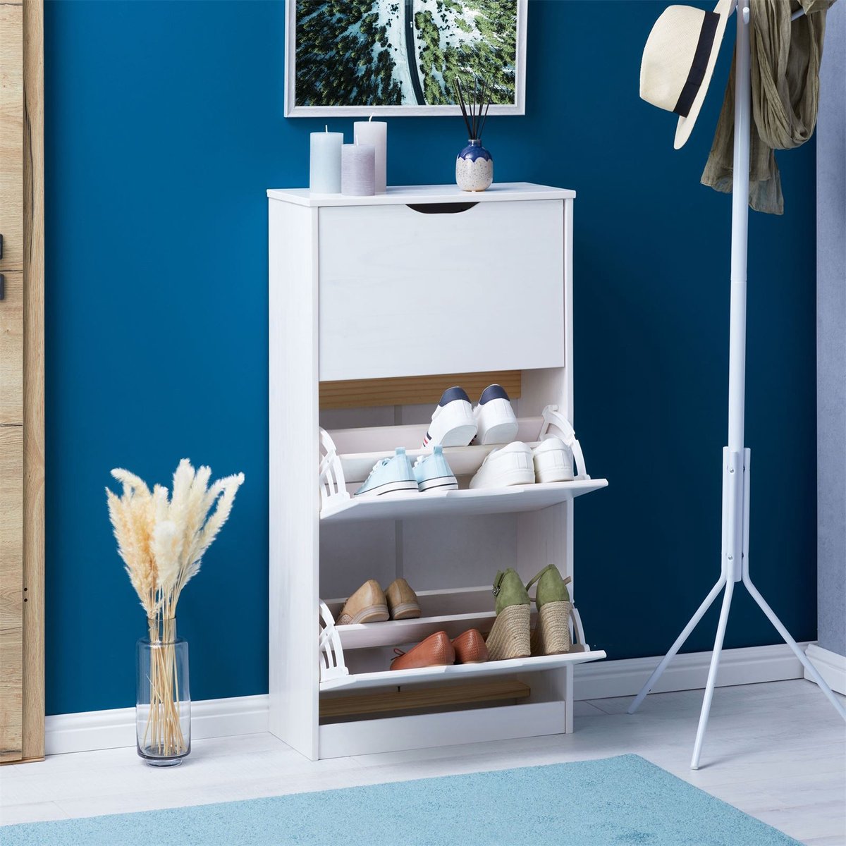BASIL schoenenkast met 3 kleppen van grenen in wit (4016787840100)