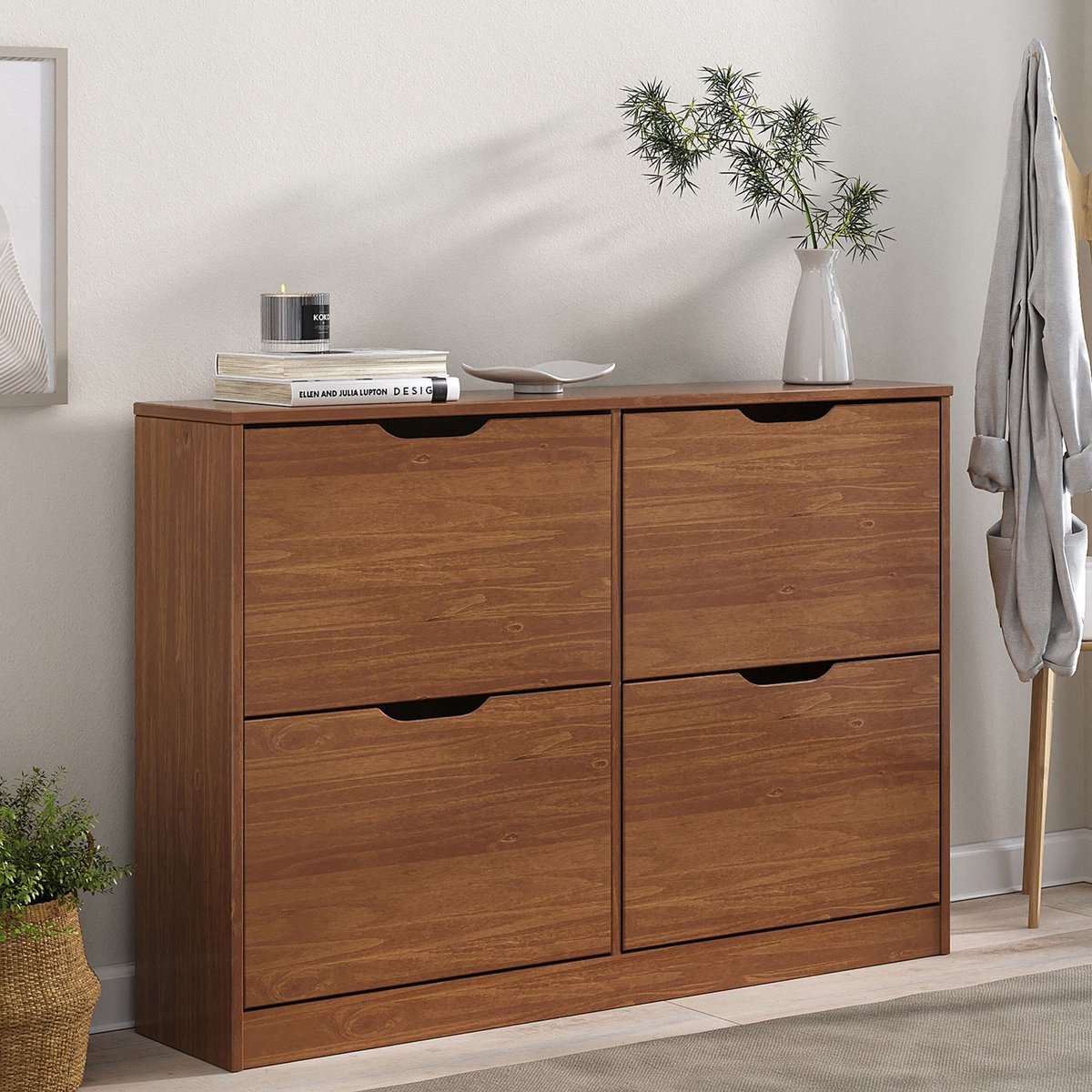 BASIL schoenenkast, mooie schoenenkipper met 4 kleppen, praktische schoenenkast van grenenhout in kastanje - Hoofdbeeld Sfeerbeeld (4016787840162)