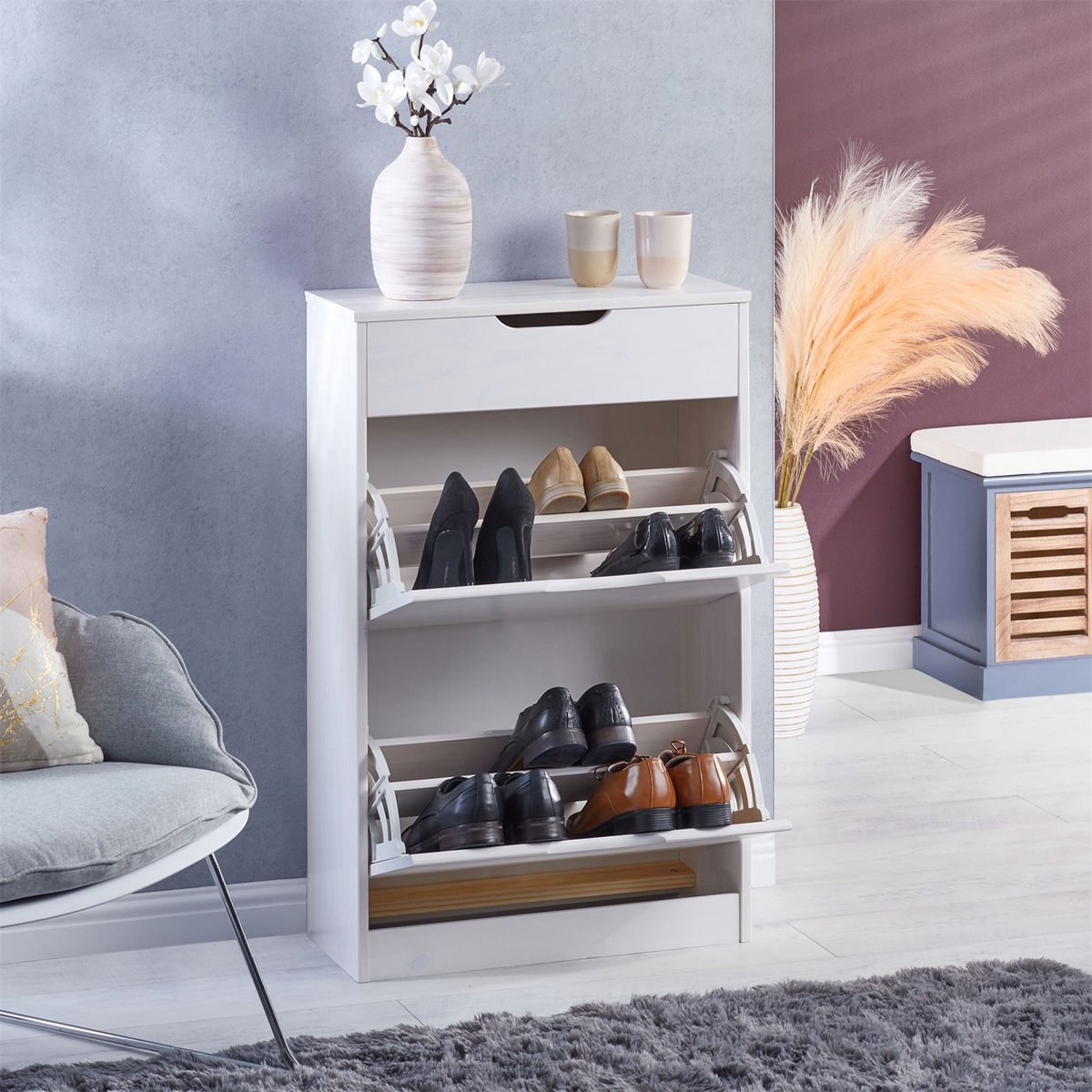 BASIL schoenenkieper met 2 kiepen en 1 lade in grenen in wit (4016787840070)