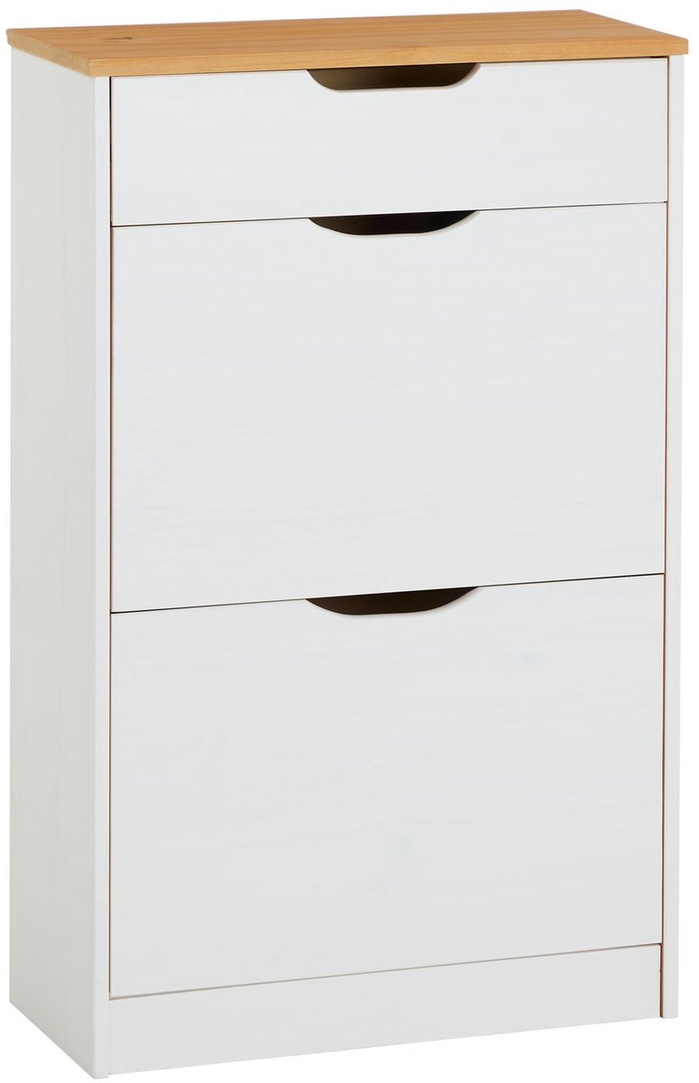 BASIL schoenenkipper, mooie schoenenkast van wit/bruin grenen, praktische schoenenkast met 1 lade en 2 kiepers, tijdloos schoenenrek in landhuisstijl - hoofdafbeelding (4016787840094)